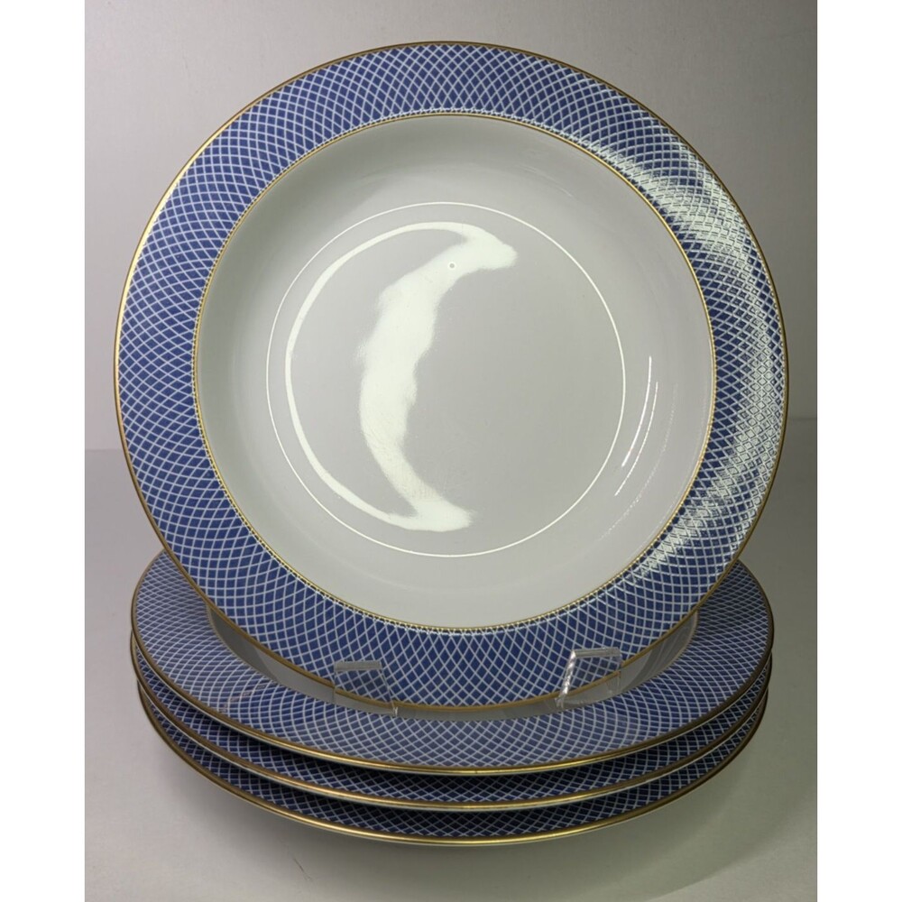 Set Of 4 Block Spal Blue Skies Large Rim Soup Bowls 8 7/8" Portugal Gold Vintage
